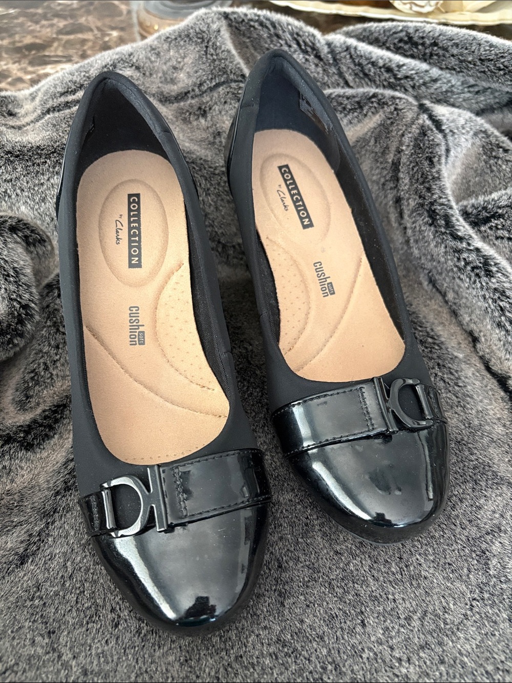 Collection by Clarks Black Patent Wedge Shoes with Buckle Accent